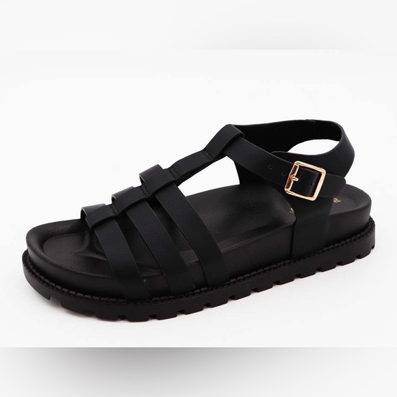 NWT! BLACK OPEN TOE FISHERMAN PLATFORM LUG SOLE SANDALS - Picture 3 of 5